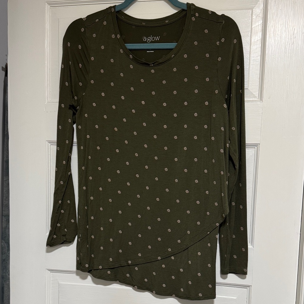 a:glow Dark Green Polka Dot Long Sleeve Maternity Top